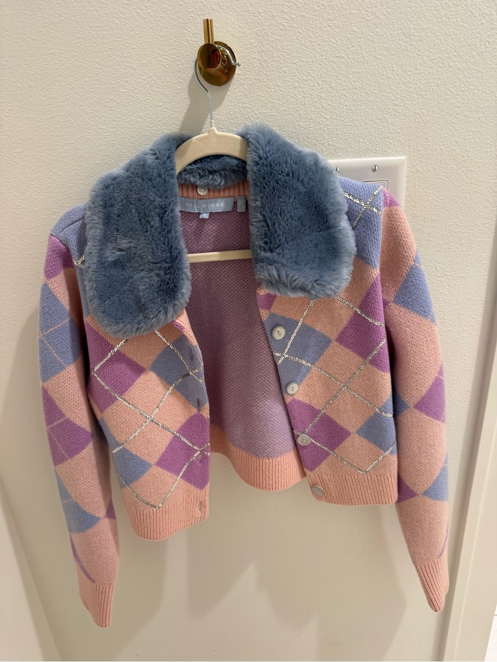 Hill House Argyle Teddy-Collar Cardigan Jacket - Pink, Lavender & Blue